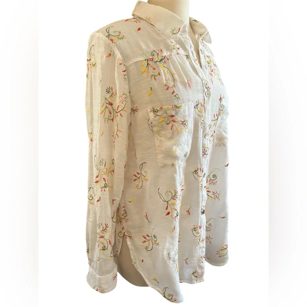 Figueroa & Flower Floral Embroidered Button Down Semi Sheer Shirt Size Large